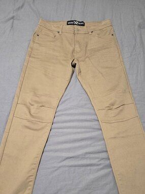XRAY Jeans Mens Moto Biker Pants 32x32 Tan Khaki Slim Stretch Ribbed Knee
